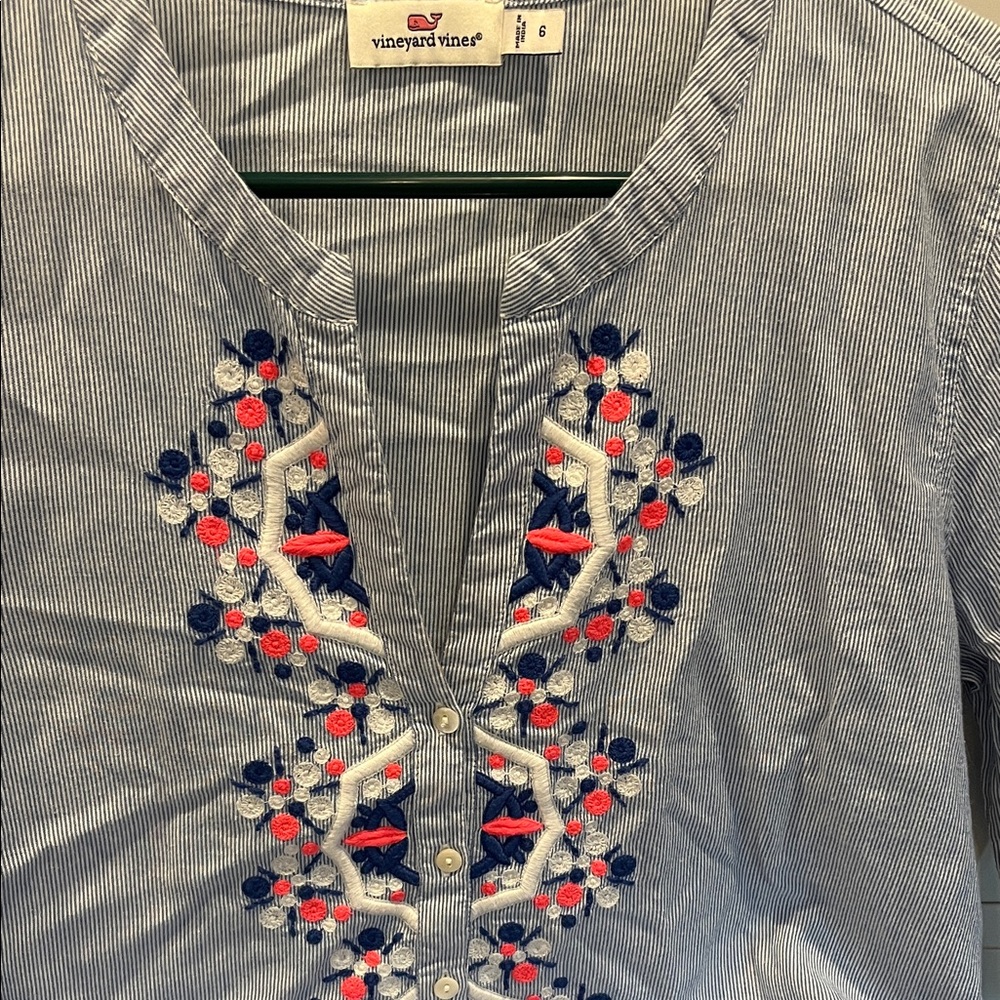 Vineyard Vines Striped Blue Blouse with Embroidery